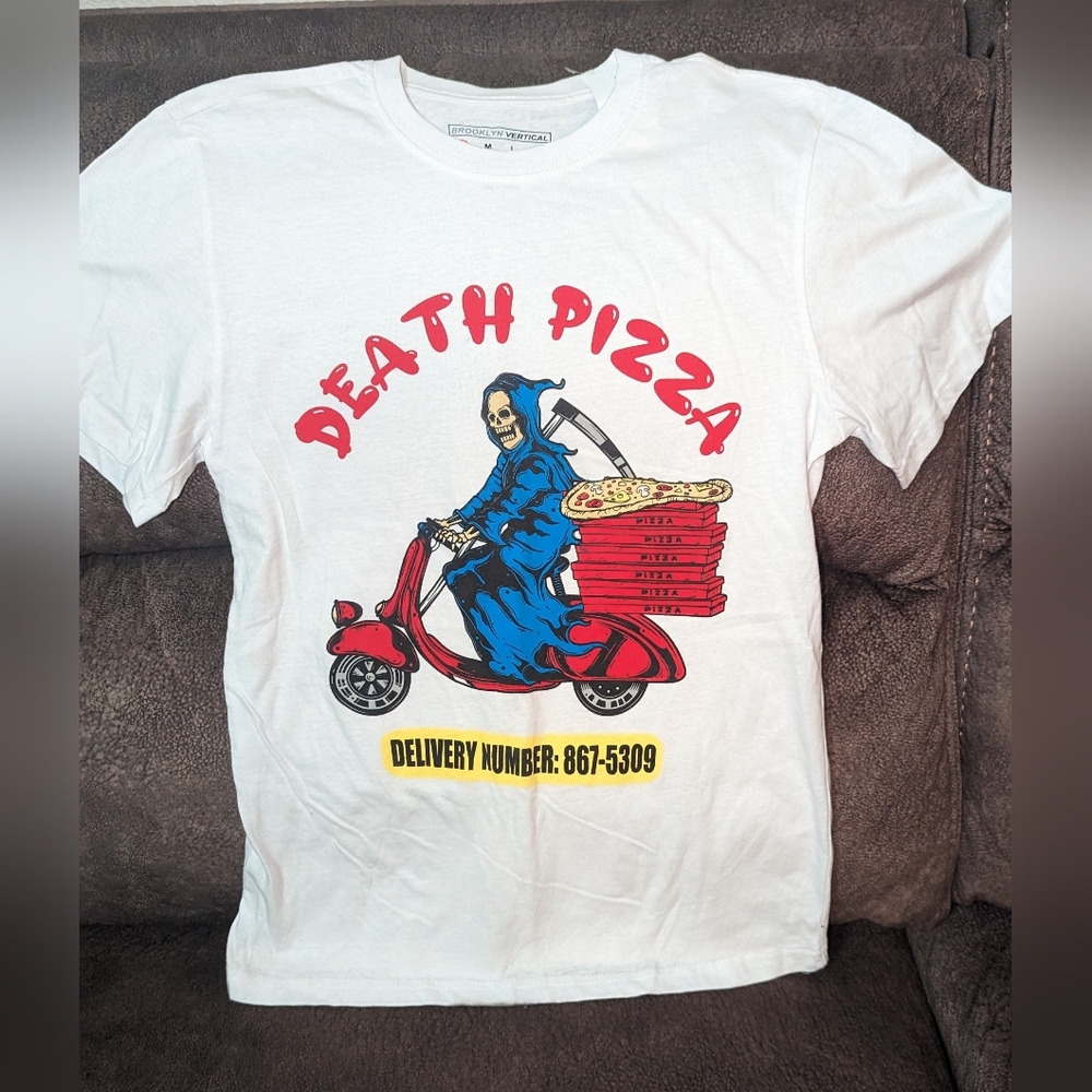 NWT-death pizza delivery /grim reaper/ 867-5309, white, short sleeve tee-men's S